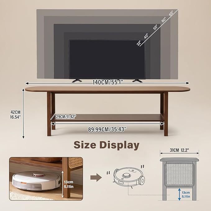 Welnow Walnut Rattan TV Stand for 65" TV, Mid Century Modern Entertainment - Image 2