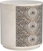 HOMPUS Round End Table with Carved Floral Pattern, Vintage Nightstand w 3 - Image 4