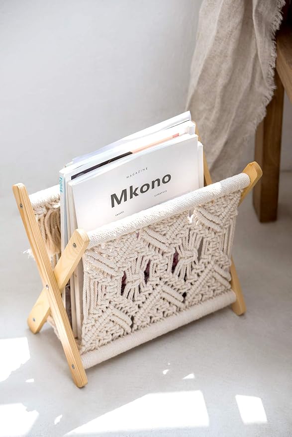 Mkono Macrame Magazine Rack Boho Storage Holder Standing Basket - Image 7