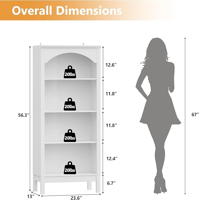 Arched Bookshelf with 4 Tier Open Shelves, Study and Living Room, Modern White - Image 2