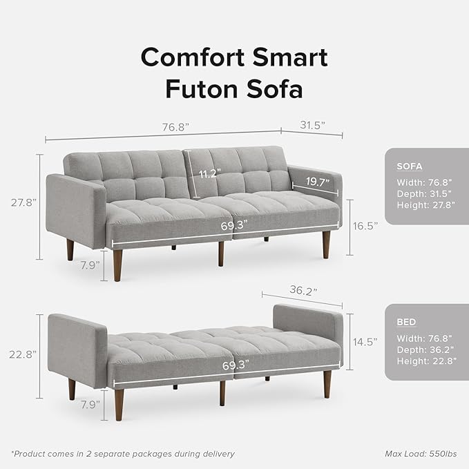 mopio Aaron 76.8" Couch, Small Futon Sofa Bed, Mid Century Modern Futon Couch - Image 2