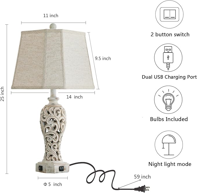 Set of 2 Rustic Table Lamps for Living Room Bedroom, Farmhouse Vintage - Image 2
