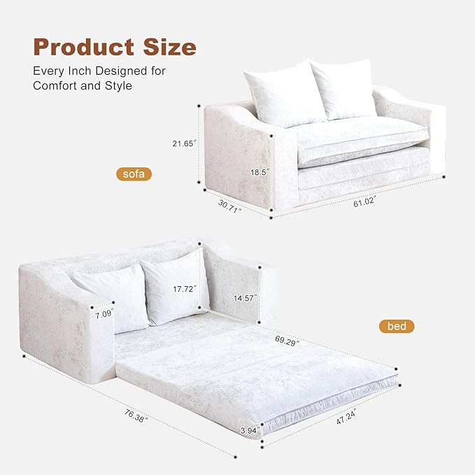 61" Convertible Sofa Bed Loveseat, Memory Foam Boneless Floor Couch - Image 3