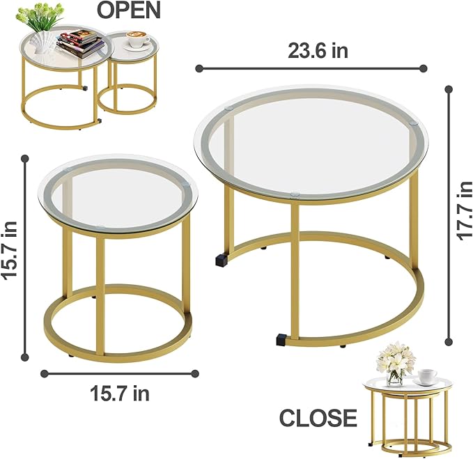 aboxoo Gold Nesting Coffee Table Set of 2, Small Glass Round Nesting Tables - Image 3