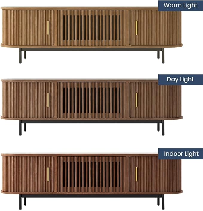 POVISON Fully-Assembled Sliding Tambour Door TV Stand, Mid Century Modern - Image 5