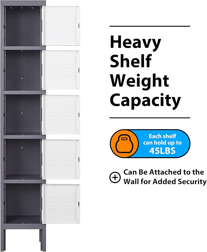 Metal Locker with 5 Doors, 5 Tier Locker Steel Employees Lockers, Tall Steel - Image 6