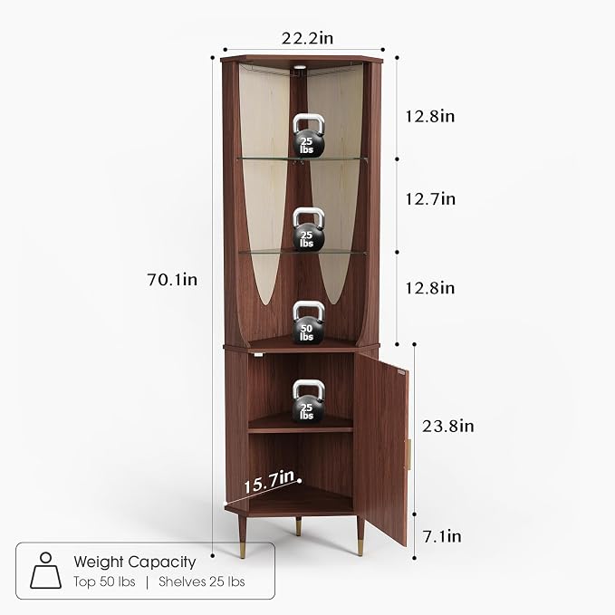 JOINICE 70" Tall Corner Bar Cabinet, Mid-Century Modern Fluted Storage Cabinet - Image 2