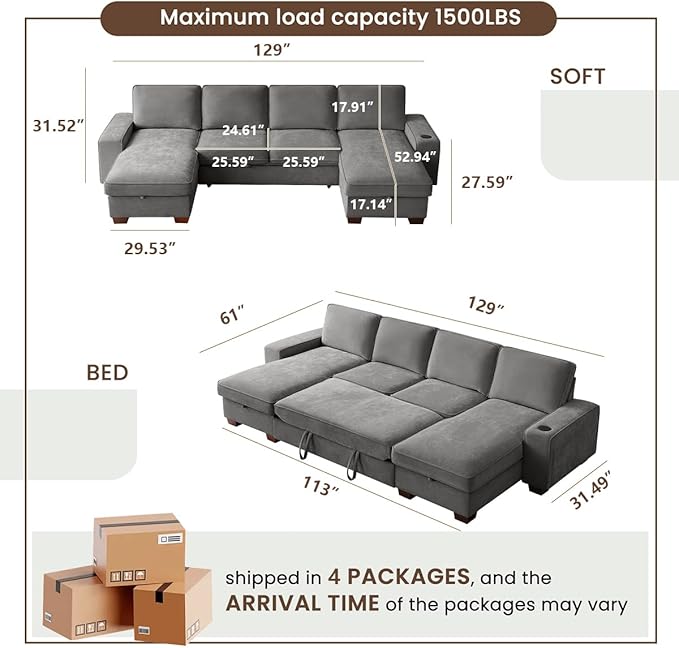 129" Convertible Sleeper Sofa Bed, L Shaped - Image 3