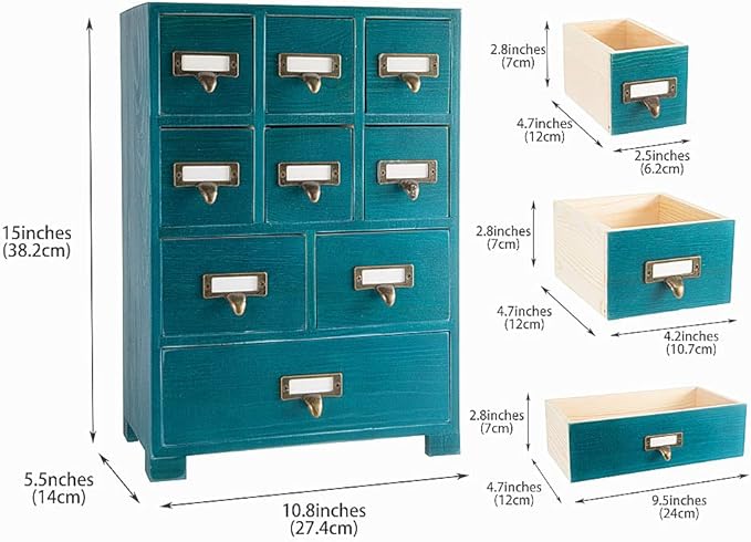 Apothecary Cabinet with 9 Drawers & Labels Rustic Library Card Catalog Cabinet - Image 3