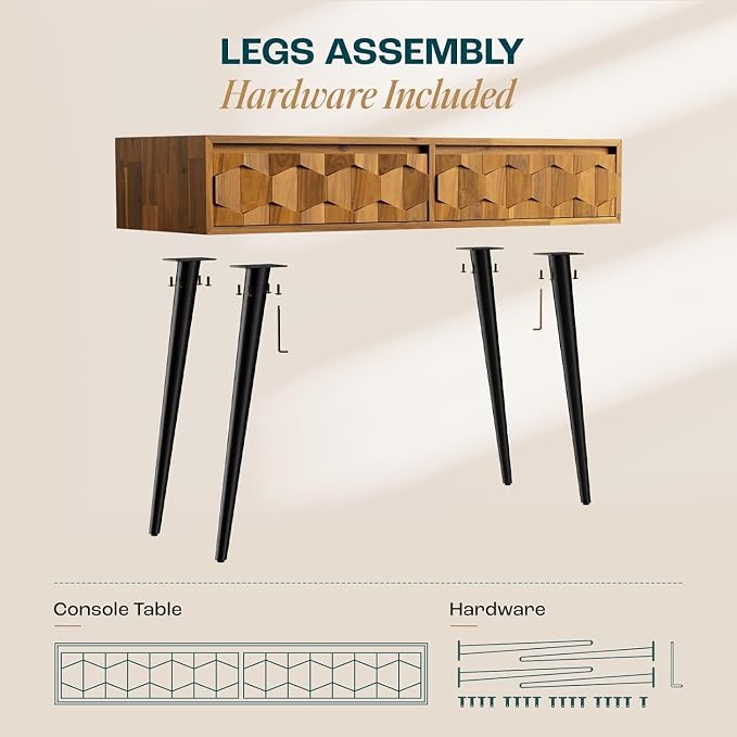 Bme Console Modern Mid-Century 2 Drawers and Metal Legs, Unique Geometric - Image 6