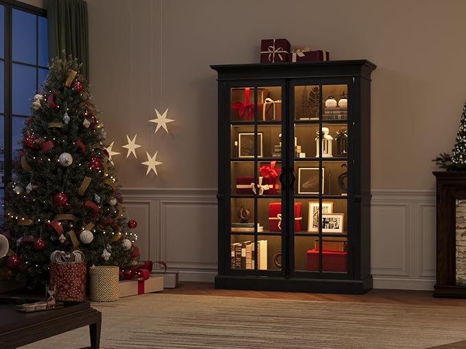QUW Modern 65" Tall Display Cabinet, Farmhouse Curio Cabinets - Image 9