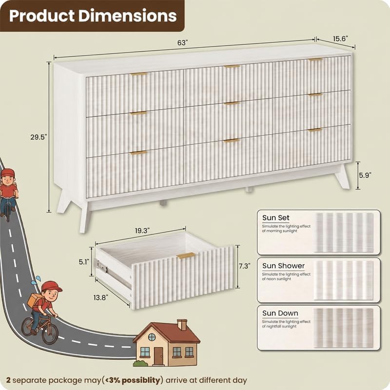 63" Wide Fluted 9 Drawers Dresser for Bedroom,Curved Edge,White - Image 2