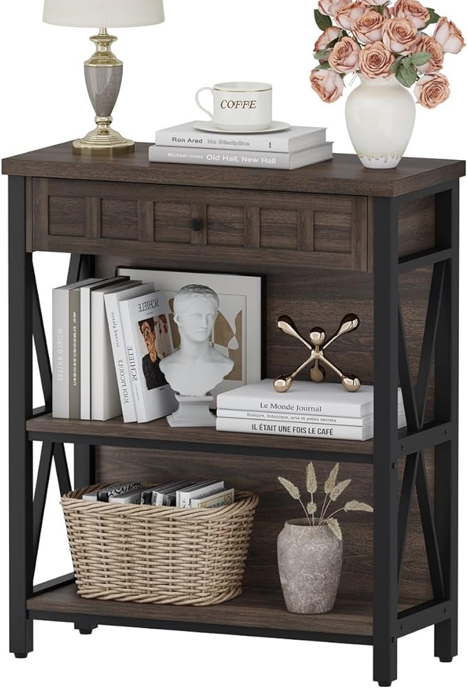 FATORRI Small Bookcase with Drawer, Industrial 3 Shelf Bookshelf, Wood and - Image 8