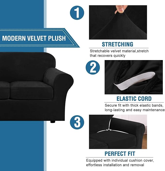 H.VERSAILTEX High Stretch Sofa Slipcover 4 Piece Cover Velvet Furniture - Image 3