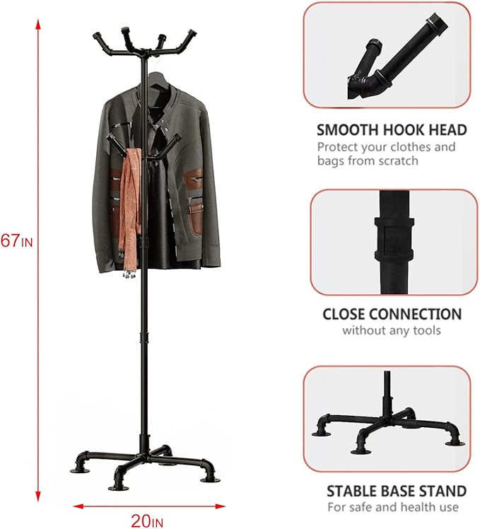Industrial Coat Rack, Metal Pipe Coat Rack Stand Freestanding - Image 5