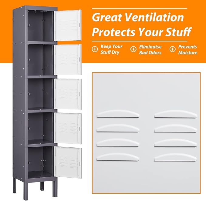 Metal Locker with 5 Doors, 5 Tier Locker Steel Employees Lockers, Tall Steel - Image 4