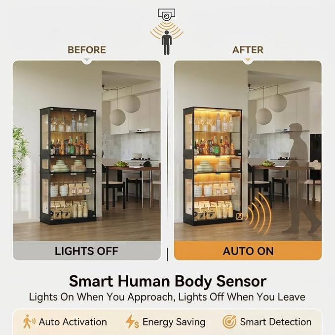Display Cabinet with Glass Doors & LED Lights, 5 Tier Lighted Display Case - Image 5