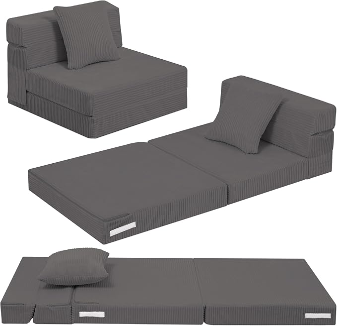 MeMoreCool Kids Folding Sofa Chair – Corduroy Floor Futon, Tri-Fold Mattress by MeMoreCool