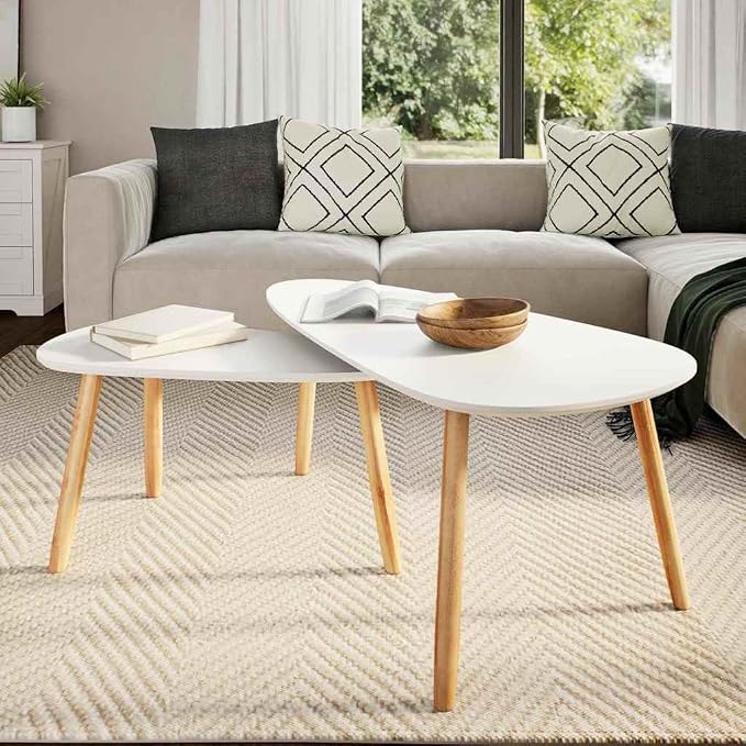 Scandinavian Oval Coffee Table Set of 2 White Solid Pine Wood Modern Minimalist - Image 3