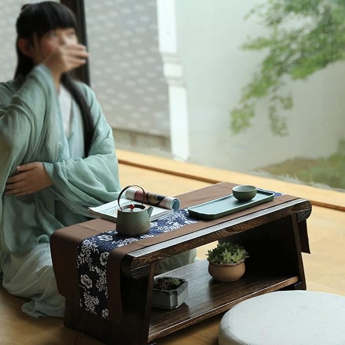 Solid Wood Vintage Folding Japanese Tea Table, Foldable Low Table, 2-Tier - Image 5