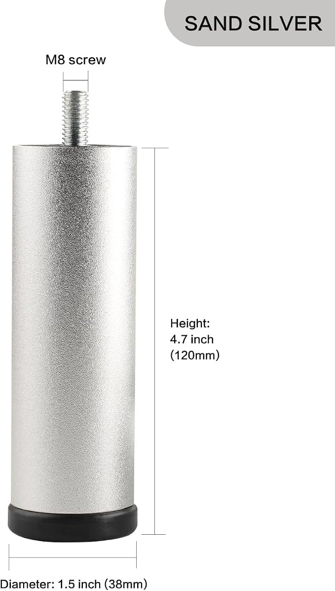 Furniture Support Legs Silver 4.7 Inch Couch Legs Screw in M8 Replacement End - Image 2