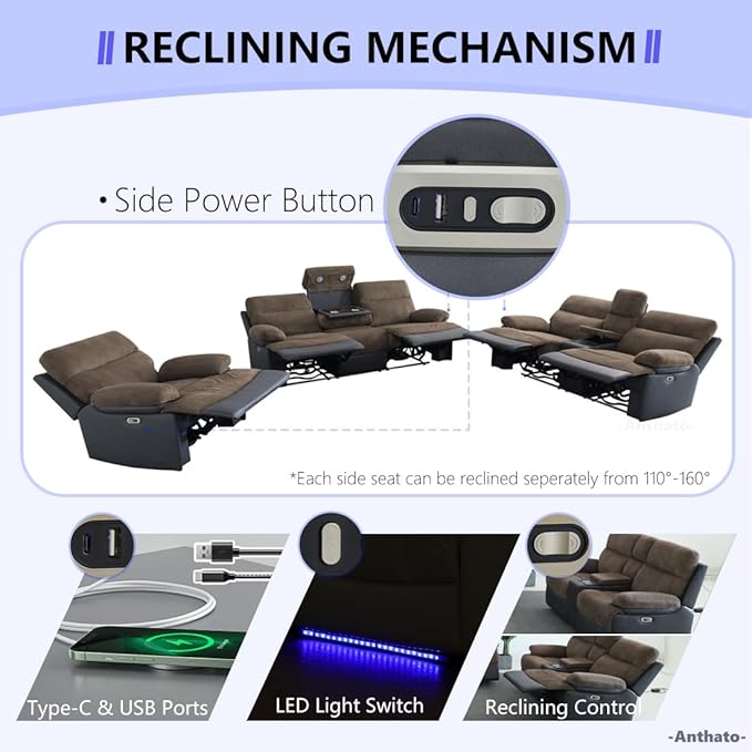 Power Recliner Sofa Set, Living Room Furniture Sets, Luxury Recliner Sofa and 2 - Image 6