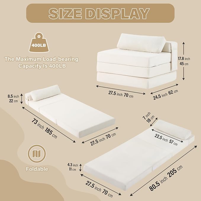 Tiita Folding Sofa Bed Chair, 4-Fold Convertible Sleeper Chair - Image 2