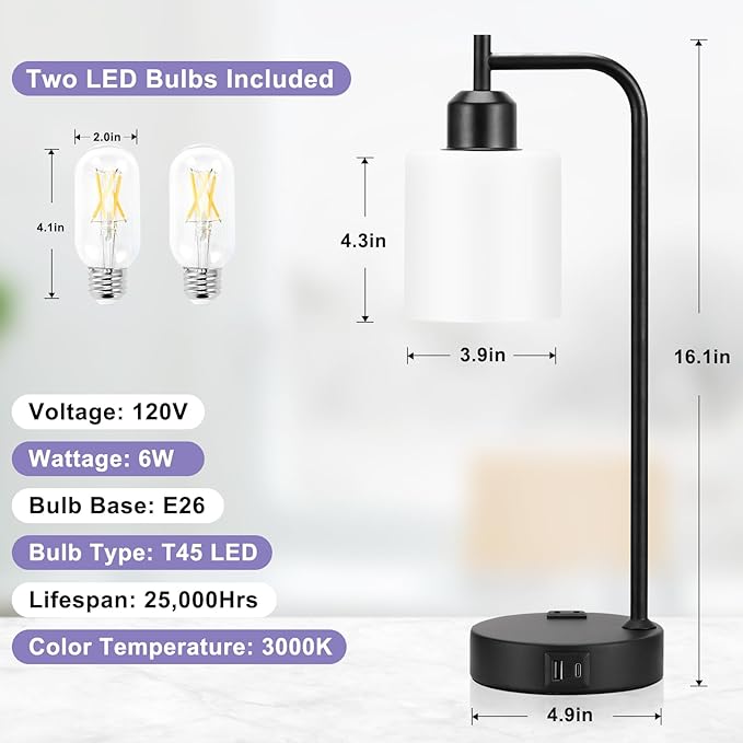 Industrial Touch Bedside Lamps for Bedrooms Set of 2 - Image 4