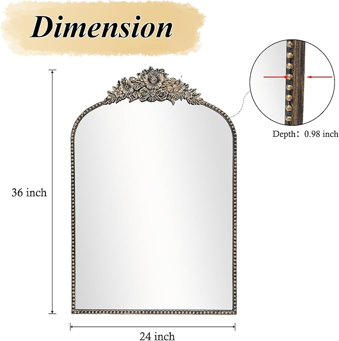 Arch Antique Black Mirror, 24x36inch Baroque Style Vintage Mirror, Metal Frame - Image 2