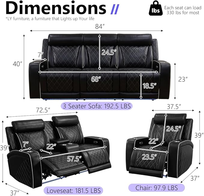 Leather Power Reclining Sofa Set, Home Theater Recliner Sofa & Chair - Image 2