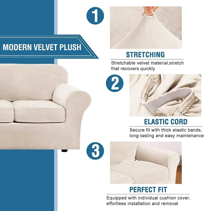 H.VERSAILTEX Modern Velvet Plush 4 Piece High Stretch Sofa Slipcover Sofa Cover - Image 3