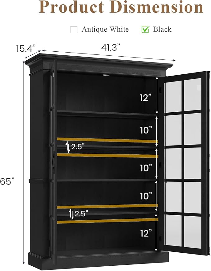 QUW Modern 65" Tall Display Cabinet, Farmhouse Curio Cabinets - Image 3