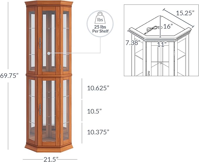 BELLEZE Lighted 3-Side Glass Display Curio Cabinet w/Tempered Glass Doors and - Image 2