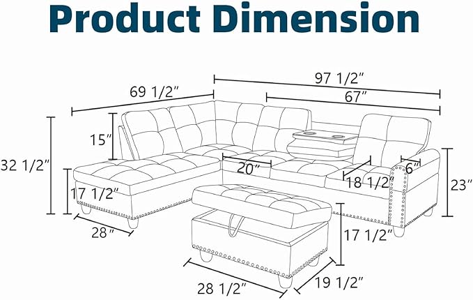 97.5" Leather L Shaped Couch Set Black, Modular Sectional Couches - Image 2