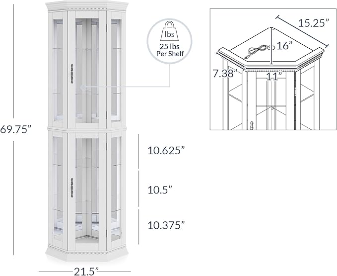 BELLEZE Lighted 3-Side Glass Display Curio Cabinet w/Tempered Glass Doors & - Image 2