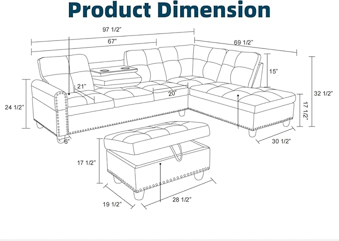 97.5" L Shaped Couch Set Linen, Modular Sectional Couches - Image 9