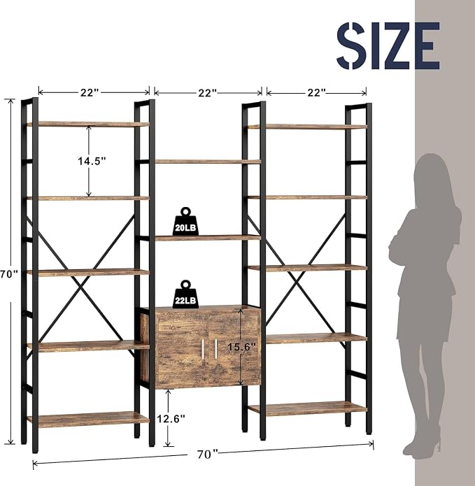 INNOD 70" Triple 5 Tier Book Shelf, Large Industrial Bookcase - Image 2