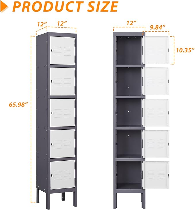 Metal Locker with 5 Doors, 5 Tier Locker Steel Employees Lockers, Tall Steel - Image 3