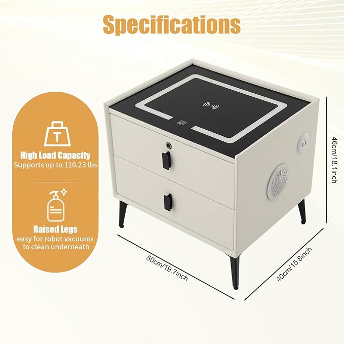 Smart Nightstand with Charging Station, Adjustable LED, USB Ports, Fingerprint - Image 2