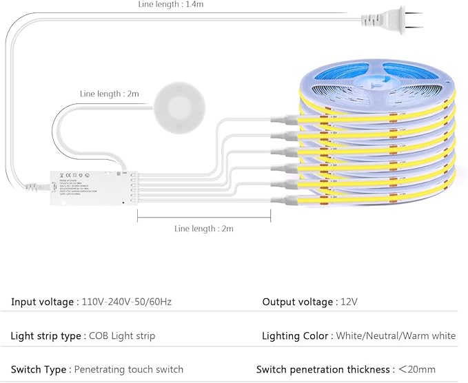 AIMENGTE Cabinet Light, LED Strip Lights, 6-in-1 12V COB Under Cabinet Lighting - Image 3