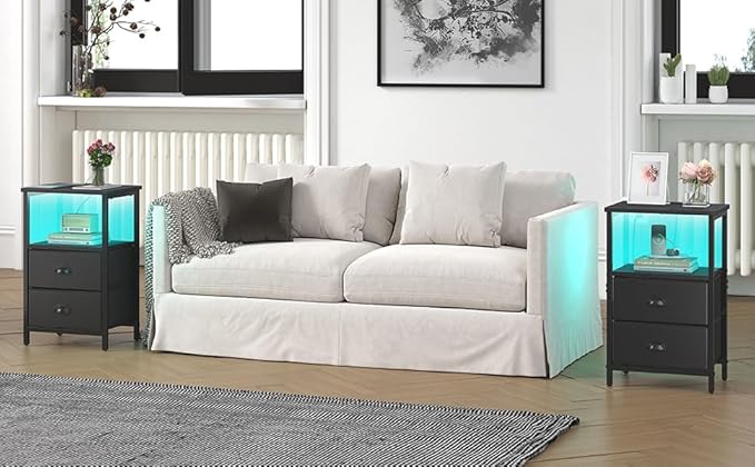 sthmec Nightstand with Charging Station, Night Stand with 2 Fabric Drawers PU - Image 9