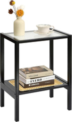 2-Tier Bamboo Side Table, Modern Glasstop Rattan Side Table, Mid Century Wood - Image 9