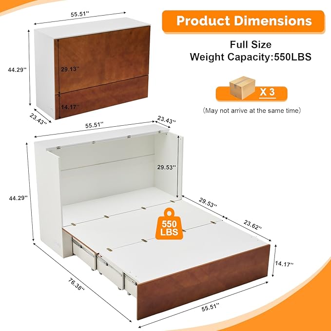 VINGLI Full Murphy Bed with Storage Drawer, 2 Charging Station, Rustic & - Image 3
