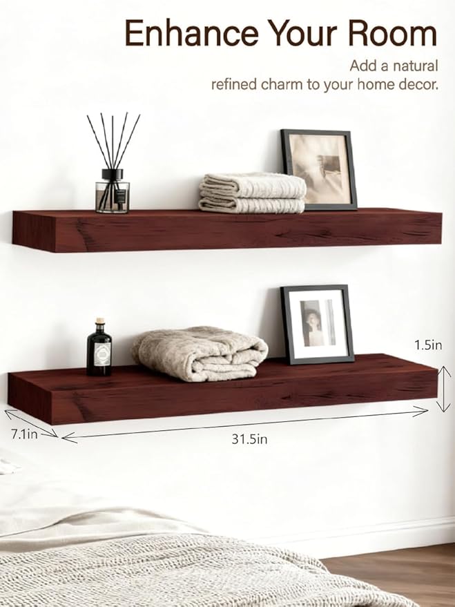 Solid Wood Floating Shelves, 31.5in Finished Real Wood Wall Shelves - Image 2