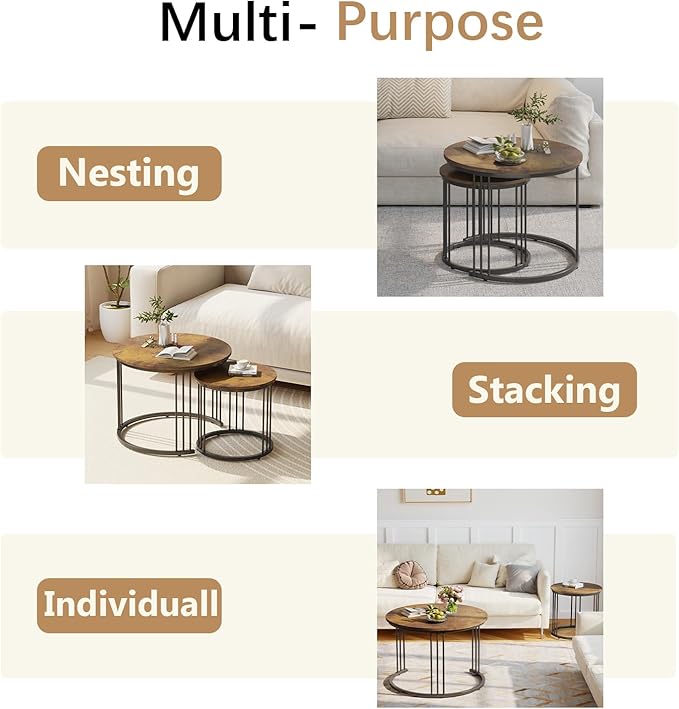 Garden 4 you Nesting Coffee Table, 23.6" Round Coffee Table Set of 2, Wooden - Image 6
