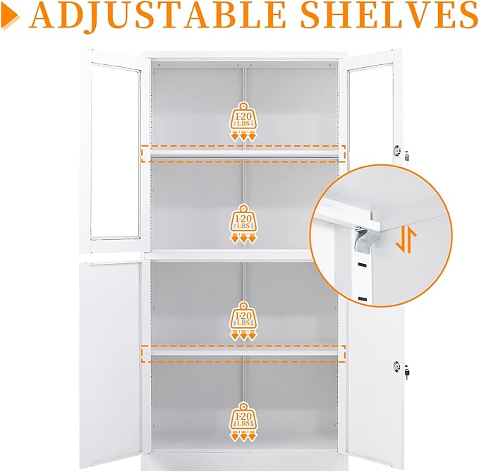 Metal Storage Cabinet with Doors and Shelves, 2 Adjustable Shelves, 4 Doors - Image 4