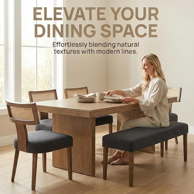 HNY Mid Century Modern Rattan Dining Chairs Set of 6, Farmhouse Linen - Image 7