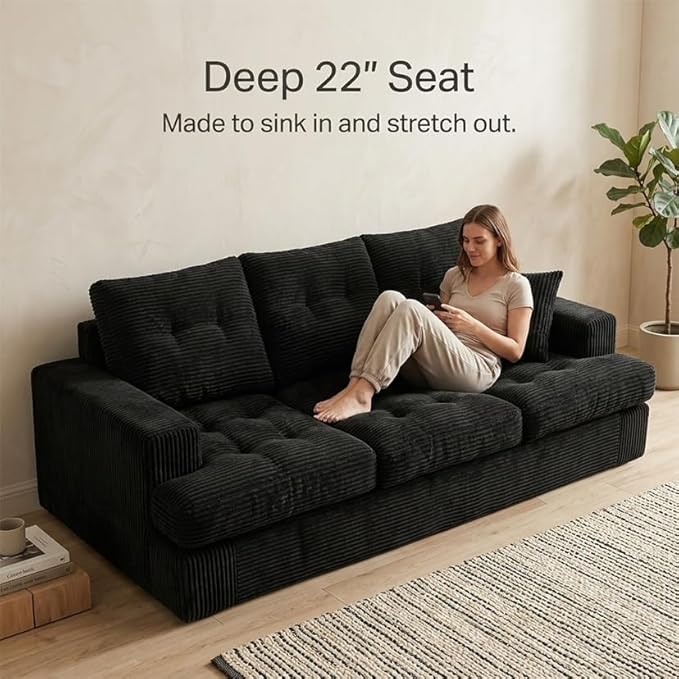 85" Corduroy 3 Seater Sofa in a Box, High-Density Foam Couch, No Assembly - Image 3