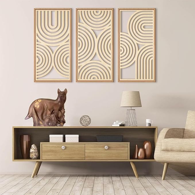 IARTTOP Large Boho Wood Wall Art Set of 3 Framed Wooden Mid-century Modern Wall - Image 3