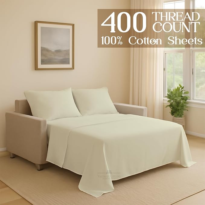 Sleeper Sofa Bed Sheet, 100% Cotton 400 Thread Count, 4 Piece Set, Deep Pocket - Image 2